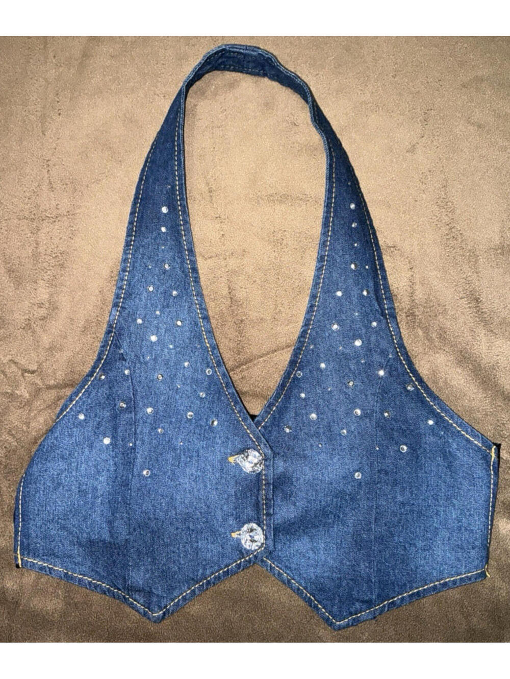 Beautees Denim Halter M Y2K Cropped Button Front Hoop Neck Tie Back